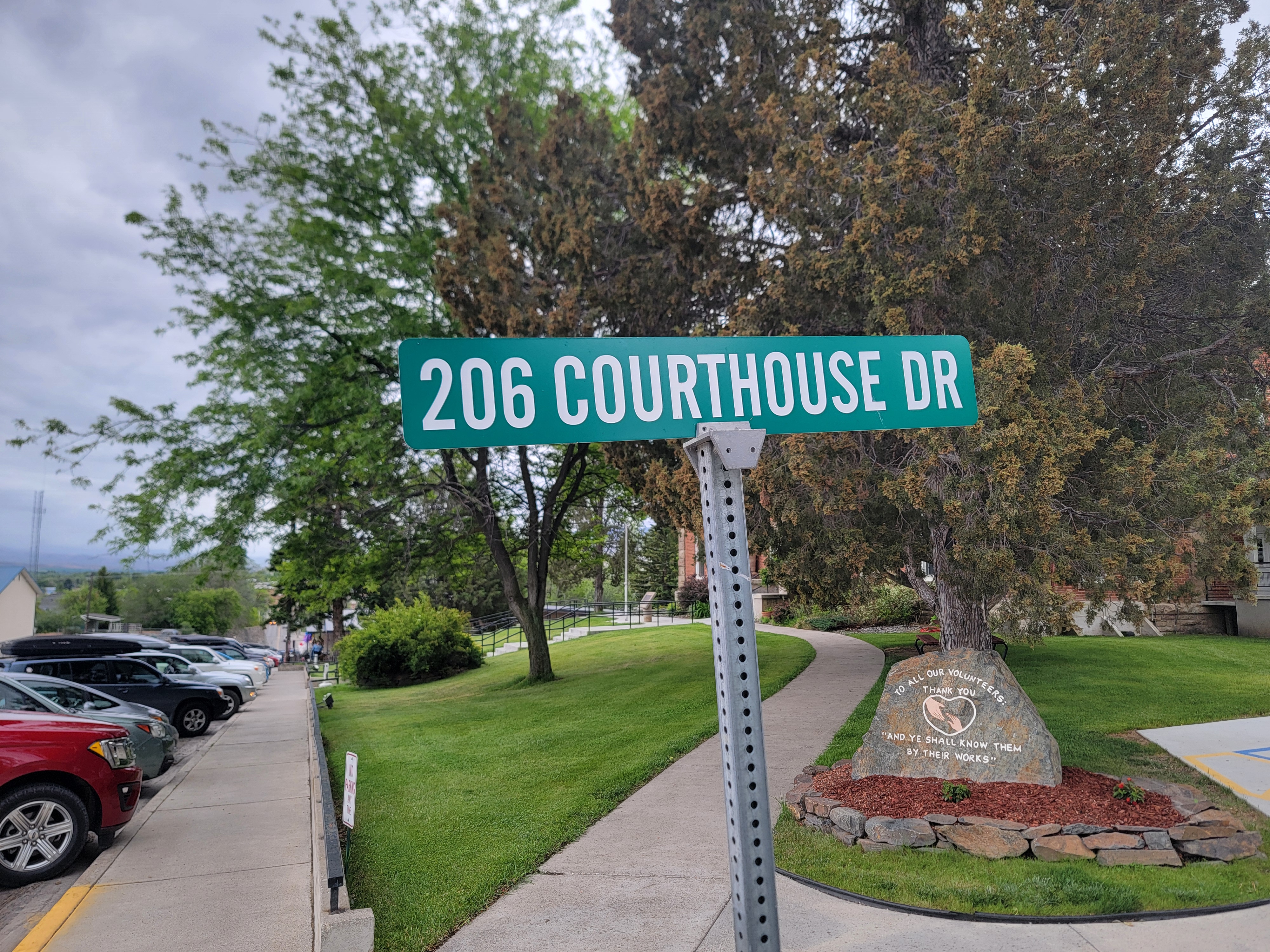 Street sign showing 206 Courthouse Drive, the address of the Lemhi County Courthouse and Sheriff's Office in Salmon, Idaho.